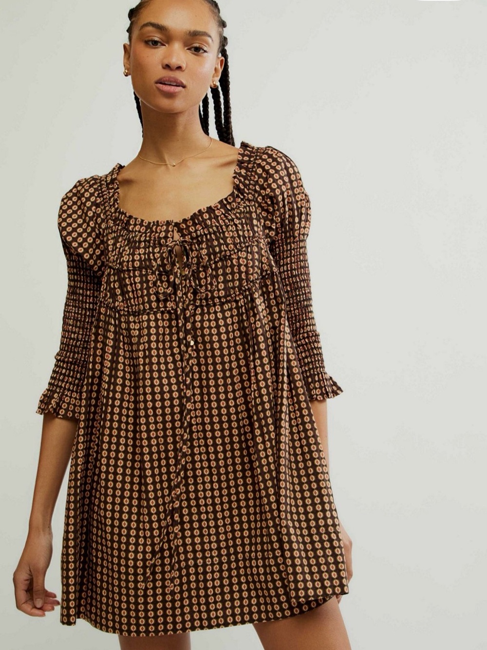 Free People Brown & Tan Printed Smocked Mini Dress